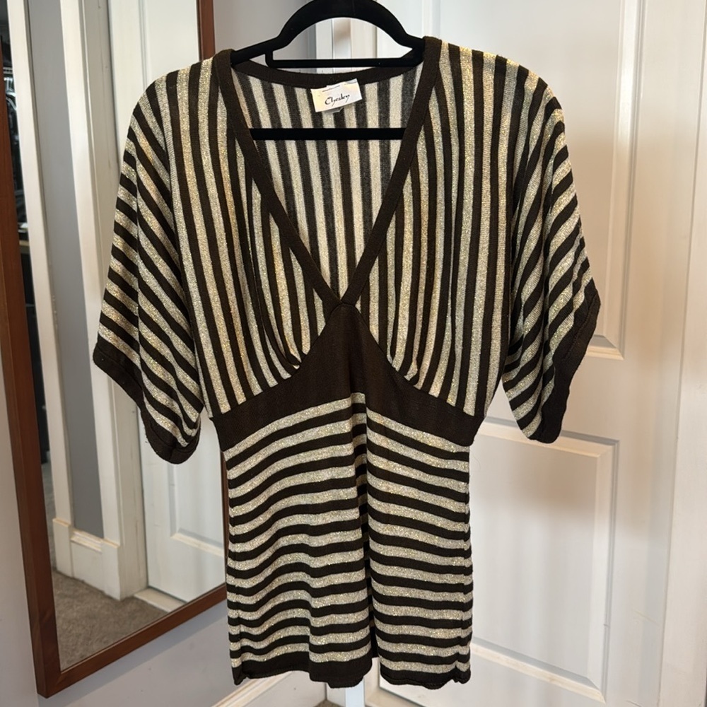 Chelsey Vintage retro, brown gold metallic striped sweater holiday New Year’s